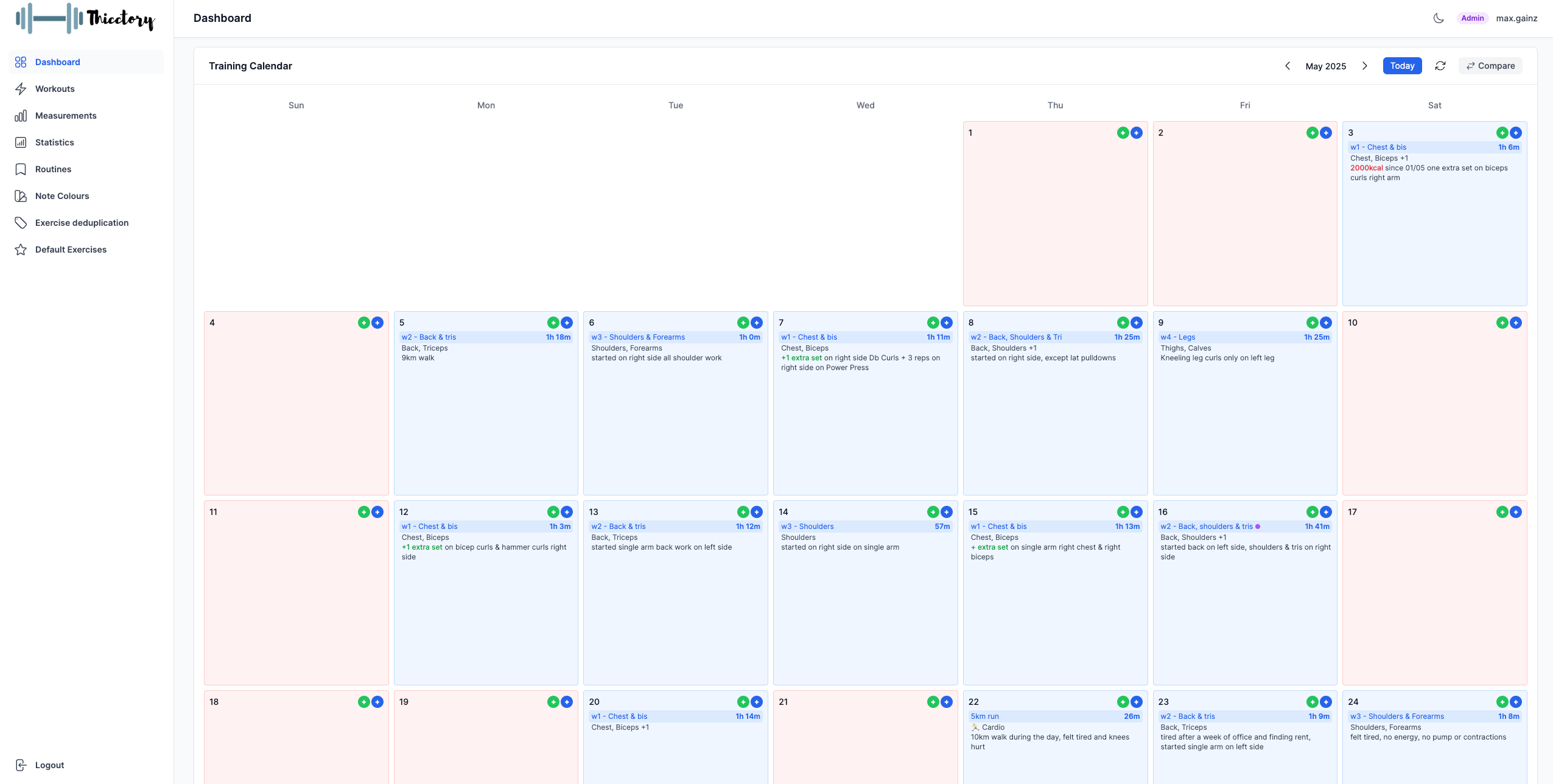 Thicctory Dashboard — calendar view with monthly stats